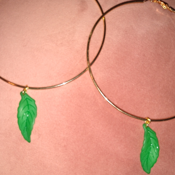 Oversized Green Leaf Charm Gold Hoops Huge 5 1/2 Inch Hoop Earrings Leaves KATTA - Picture 5 of 9